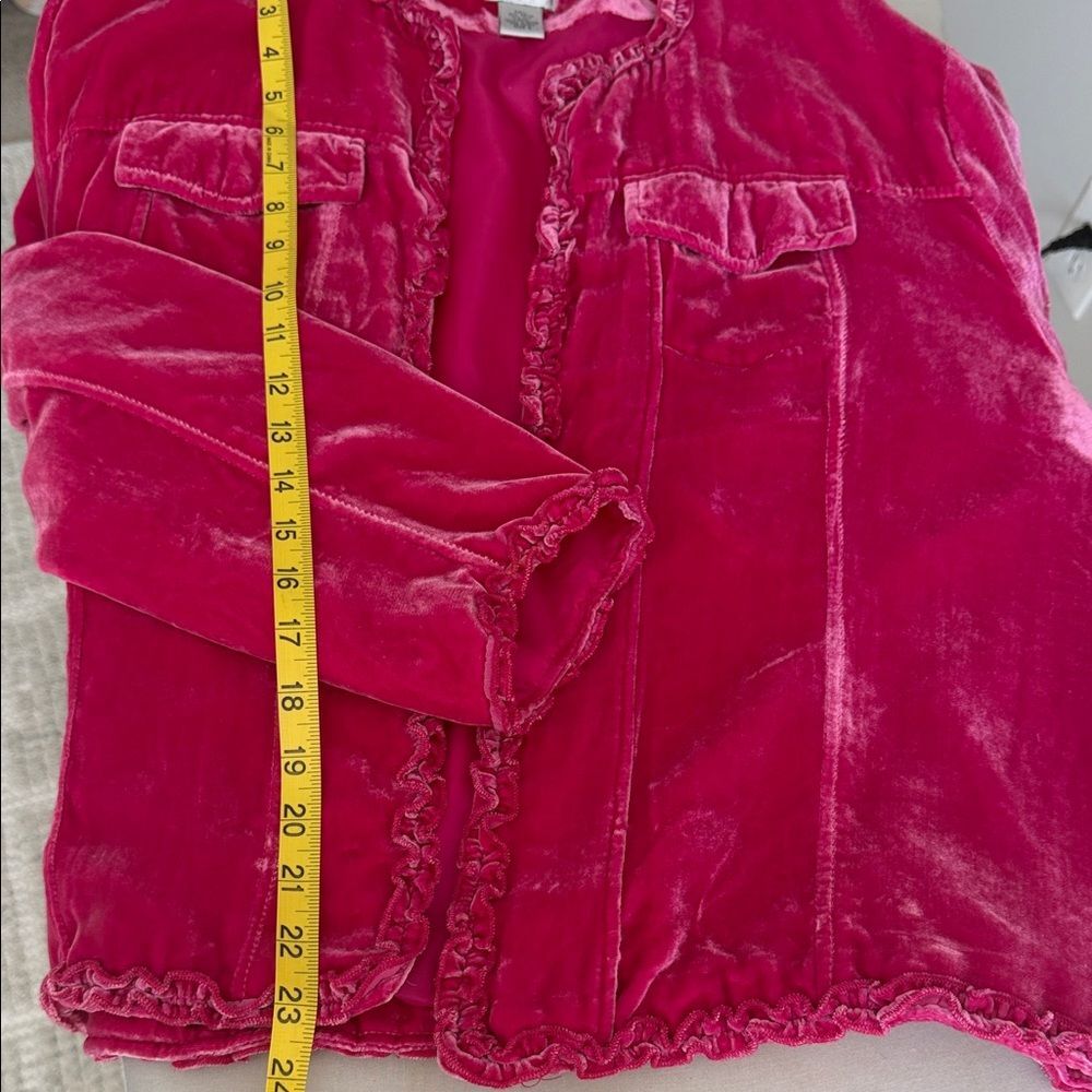 Chico’s Velvet Jacket Magenta Pink Ruffle Trim Rayon Silk Blend Boho Romantic XL - Picture 9 of 12